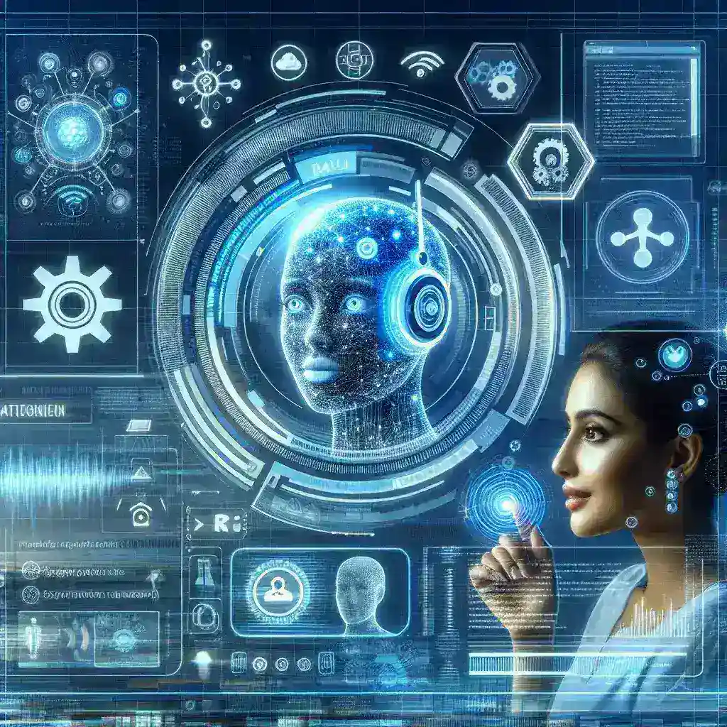 "AI personal assistant technology advancements with a futuristic interface showcasing voice recognition and smart home integration."